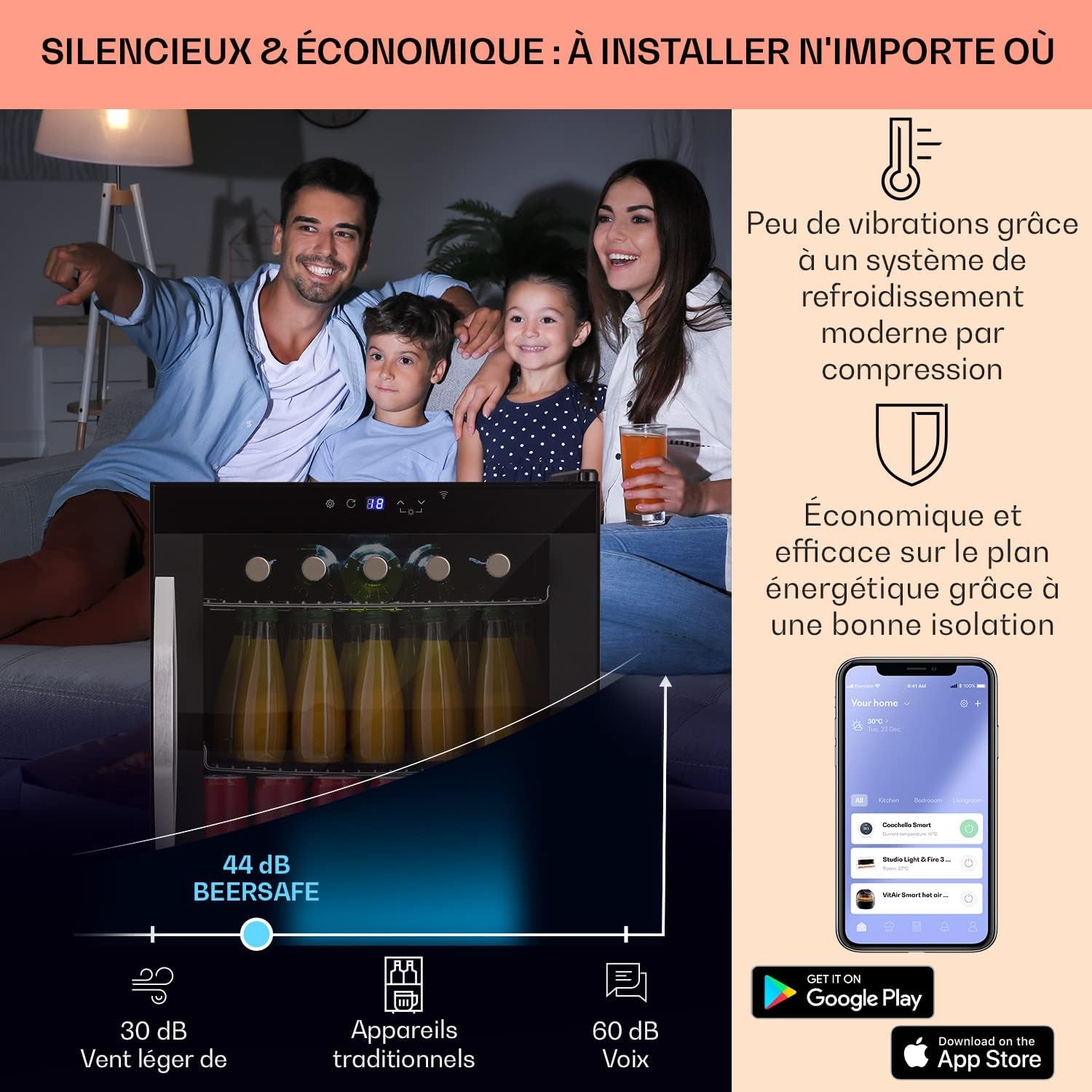 Mini Frigo De Chambre, Frigo À Bière, Mini Bar, Refrigerateur Aliments, Boissons, Contrôle Iot/App, Petit Réfrigérateur Camping Silencieux, Frigo Cosmetique, Etagères Amovibles, 0-13°C, 50L