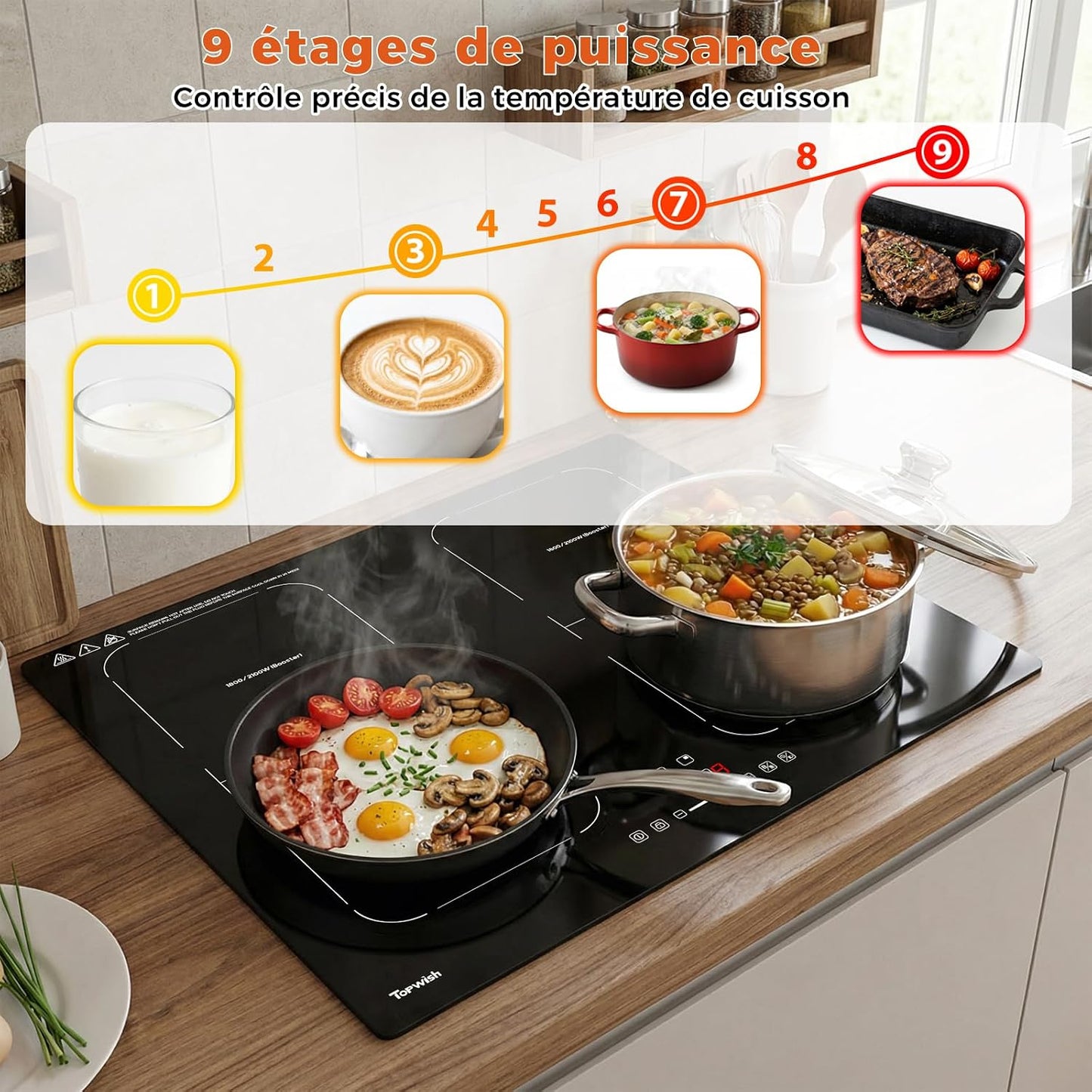 Plaque Induction 4 Feux, Avec Deux Zones Flexibles, 7200W | Plaque De Cuisson Induction 4 Zones, Avec Booster, 9 Niveaux, Sécurité Enfant,Arrêt Automatique, Maintien Au Chaud, BBQ, 60Cm
