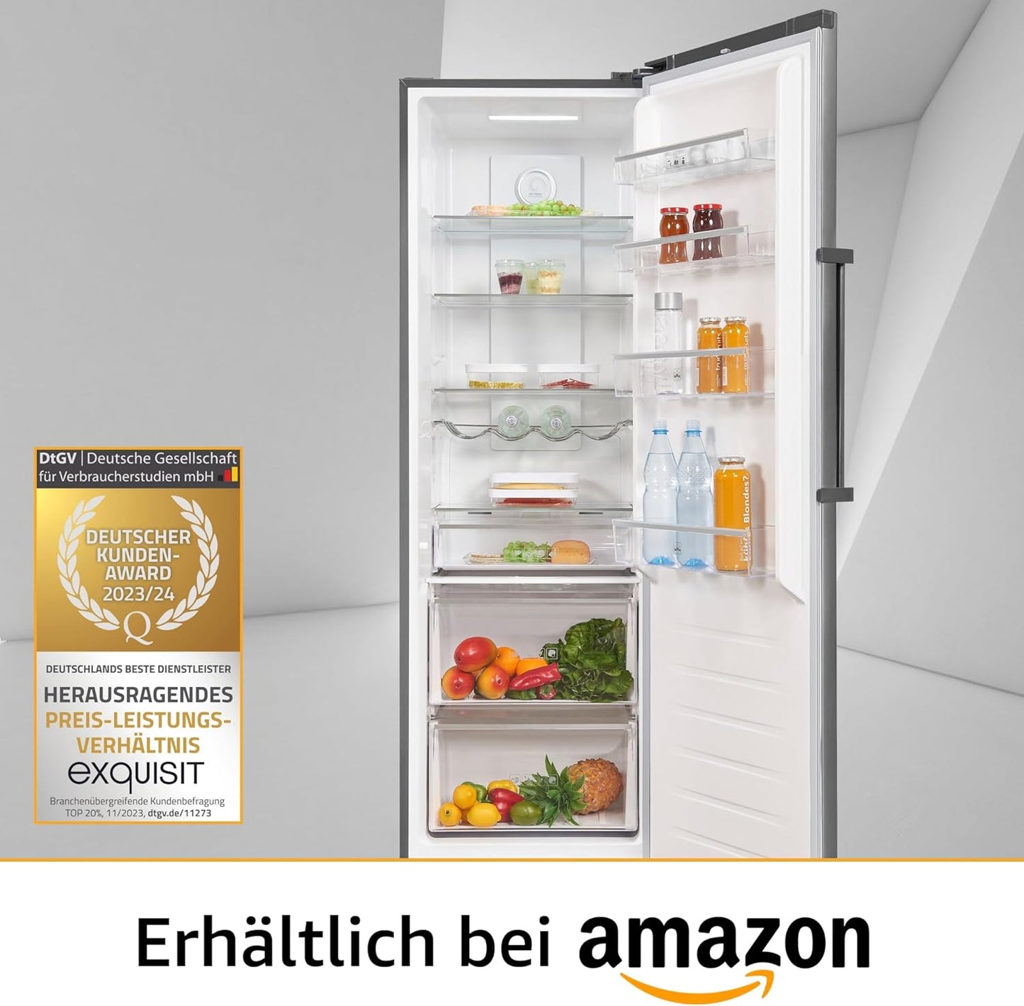 Exquisit KS360-V-HE-040D Kühlschrank, 60 Cm Breit, 359L, Led-Beleuchtung, No-Frost, Inoxlook-Az