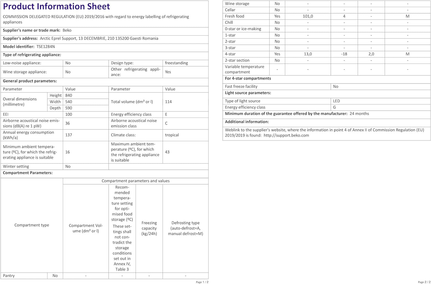 Beko TSE1284N Réfrigérateur Table Top - Volume Total 114L : 101L (Réfrigération) + 13L (Congélation), Compartiment Congélation 4 Étoiles, Minfrost, Charnière De Porte Réversible, Blanc