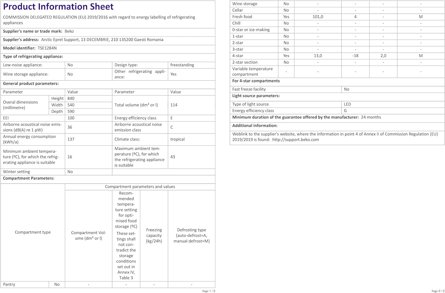 Beko TSE1284N Réfrigérateur Table Top - Volume Total 114L : 101L (Réfrigération) + 13L (Congélation), Compartiment Congélation 4 Étoiles, Minfrost, Charnière De Porte Réversible, Blanc
