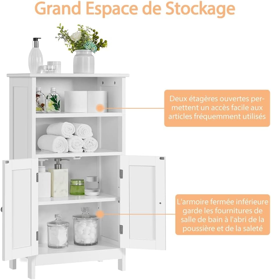 Meuble De Salle De Bain, Meuble De Rangement, 2 Étagères, Armoire Planche Réglable En Hauteur, Salon, Cuisine, Couloir, Profond 50 X 30 X 92,5 Cm Blanc