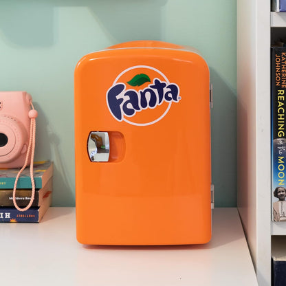 Coca Cola Fanta Portable 6 Can Thermoelectric Mini Fridge Cooler/Warmer, 4 L/4.2 Quarts Capacity, 12V DC/110V AC Plugs Included Great for Home, Car, Skincare, Cosmetics, Medication