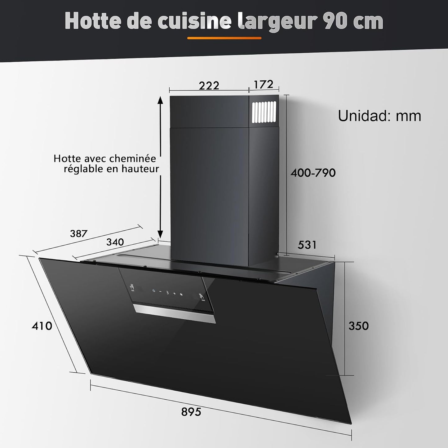 A+++ Hotte Aspirante 90 Cm, 800 M³/H, Contrôle Gestes & Tactile | Hotte De Cuisine 3 Vitesses + Mode Booster, Filtre À Charbon Actif, Recyclage/Évacuation, Panneau Verre Tactile, Hotte Noire
