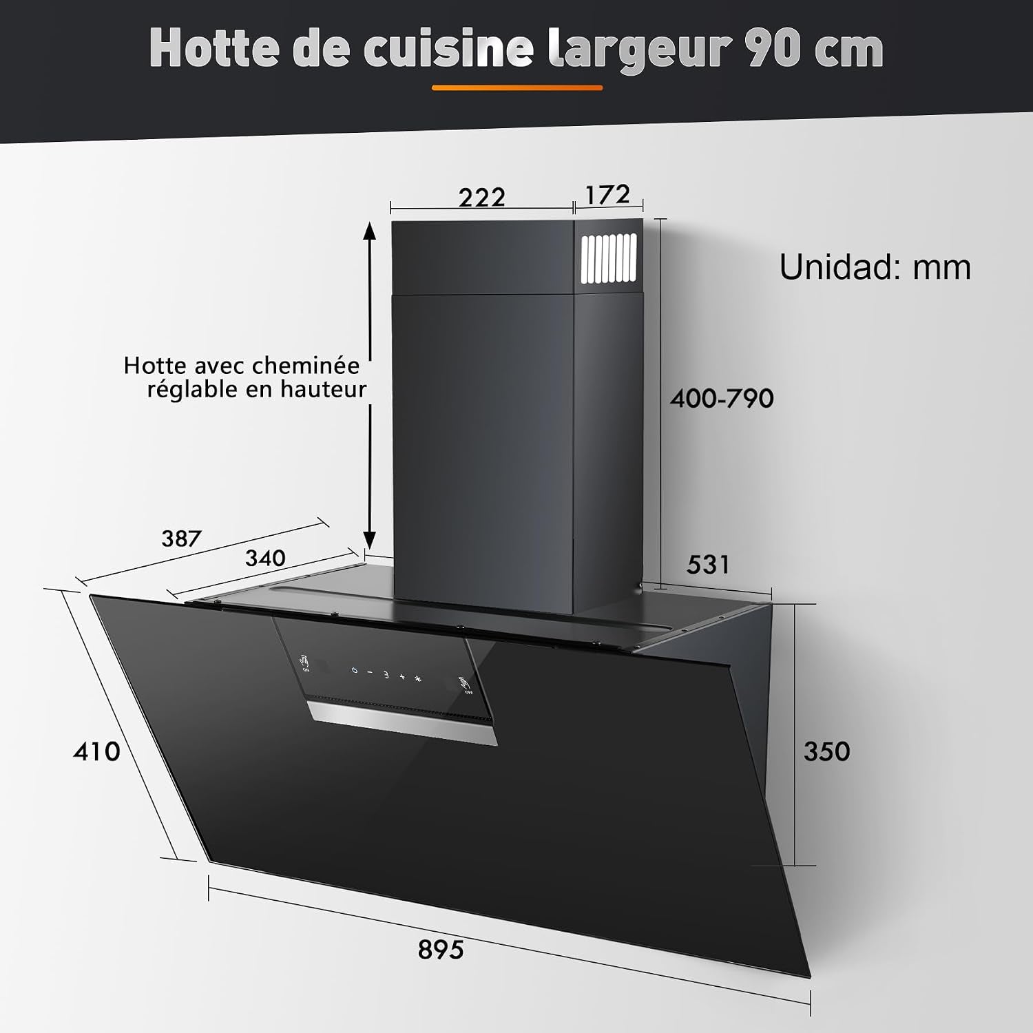 A+++ Hotte Aspirante 90 Cm, 800 M³/H, Contrôle Gestes & Tactile | Hotte De Cuisine 3 Vitesses + Mode Booster, Filtre À Charbon Actif, Recyclage/Évacuation, Panneau Verre Tactile, Hotte Noire