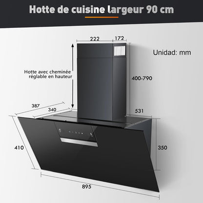 A+++ Hotte Aspirante 90 Cm, 800 M³/H, Contrôle Gestes & Tactile | Hotte De Cuisine 3 Vitesses + Mode Booster, Filtre À Charbon Actif, Recyclage/Évacuation, Panneau Verre Tactile, Hotte Noire