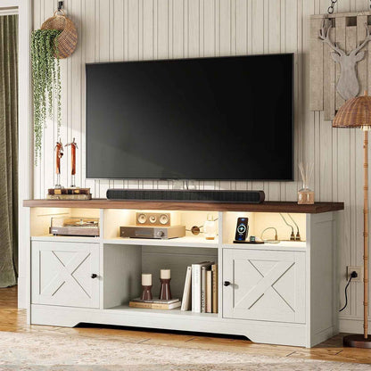 Blanc Meuble TV, Meuble Tele Avec Prises, USB Et LED | 4 Compartiments Ouverts, 2 Placards, Salon Et Chambre, 150 X 35 X 65 Cm