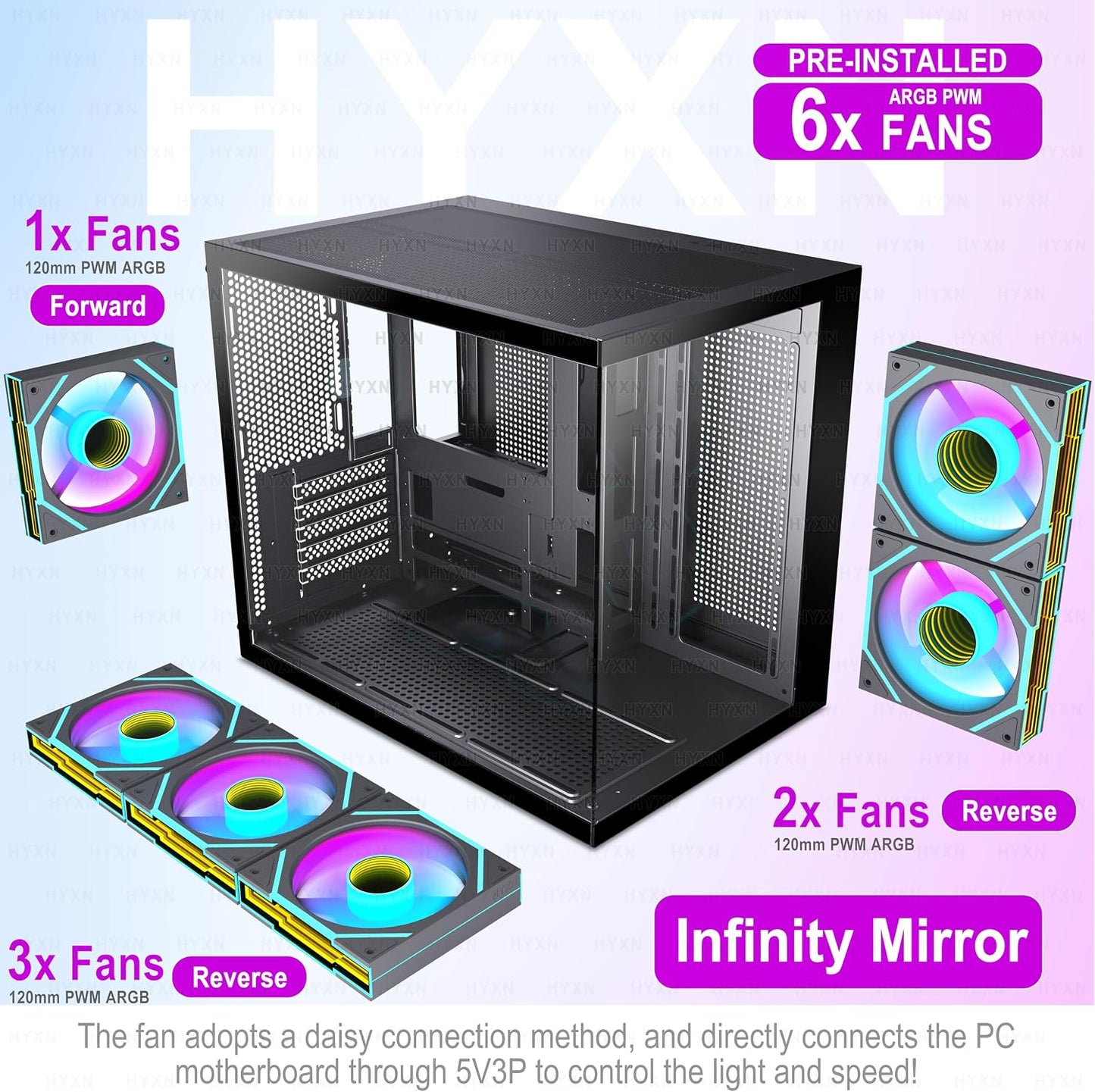 H3(2026) Boitier PC ATX– Préinstallé 6 Ventilateurs PWM ARGB Miroir Infini, Supporter Radiateur 360 Mm,Boîtier PC ATX À Double Chambre Mid Tower, Avec Type -C 3.2 (Noir)