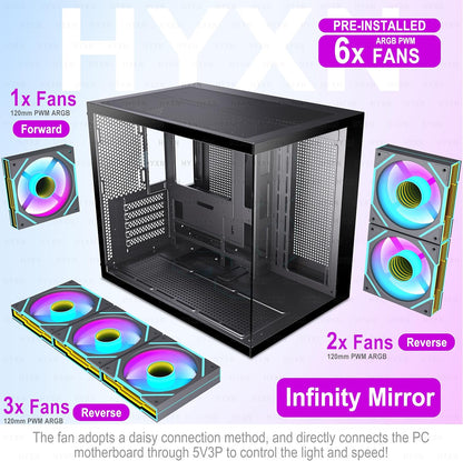 H3(2026) Boitier PC ATX– Préinstallé 6 Ventilateurs PWM ARGB Miroir Infini, Supporter Radiateur 360 Mm,Boîtier PC ATX À Double Chambre Mid Tower, Avec Type -C 3.2 (Noir)