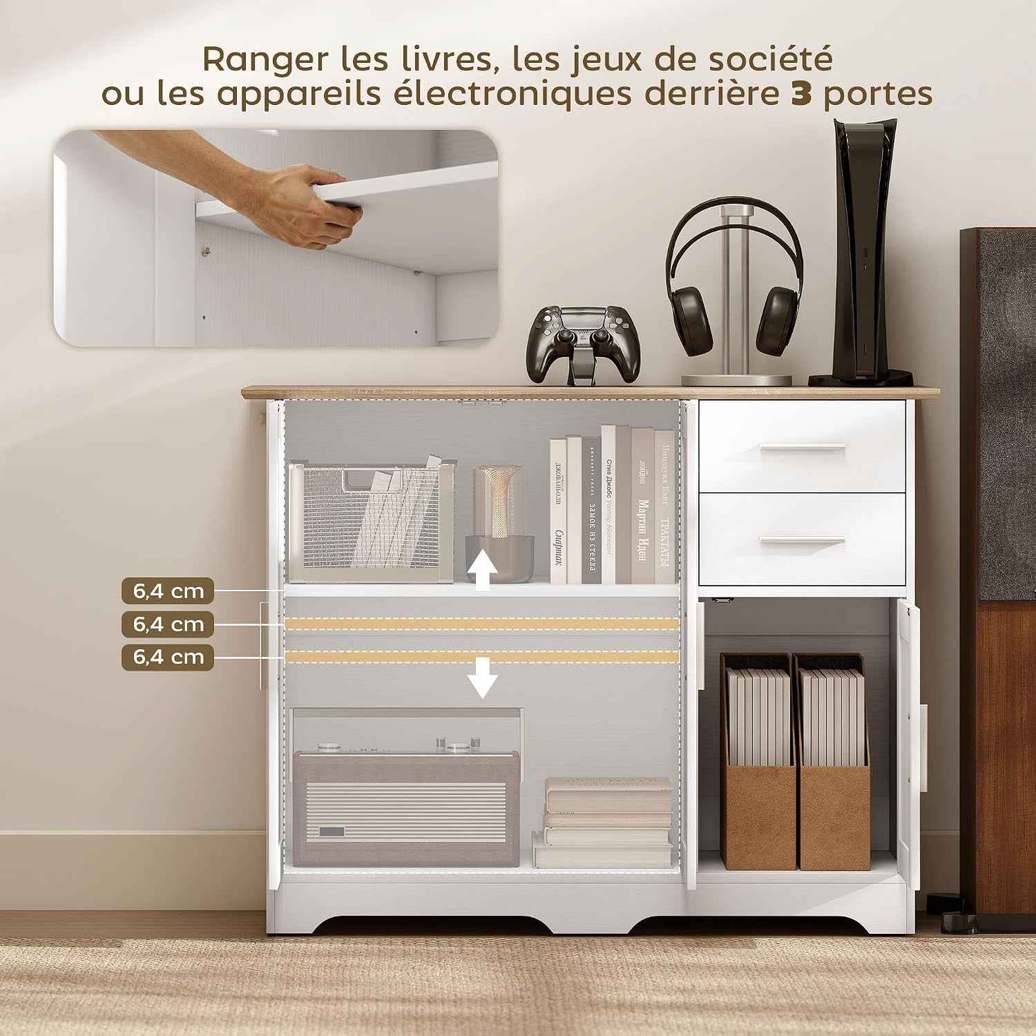 Buffet Salon 2 Tiroirs 3 Portes 100 X 40 X 78 Cm Blanc Bois Naturel | Meuble De Rangement, Étagère Réglable, Style Contemporain, Buffet Salle À Manger Et Cuisine