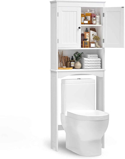 Meuble WC, Étagère De Toilettes Sur Pied, Meuble Toilette Avec 2 Portes, Étagères Réglables Et Compartiments Ouverts, Blanc