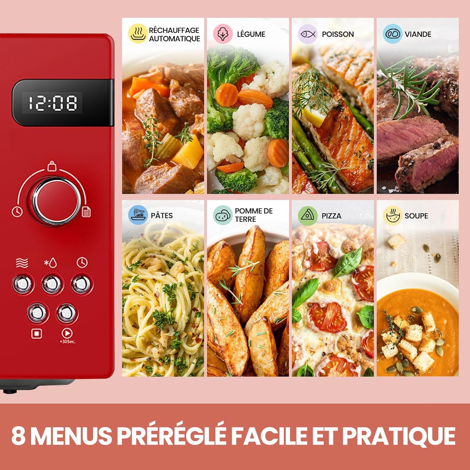 ' Micro-Ondes Rétro CMSRO 20Di Rd Avec 8 Renus Rutomatiques, 5 Niveaux De Puissance De Cuisson, Bouton De Cuisson Express, 20 L, 800 W, Rouge Passion