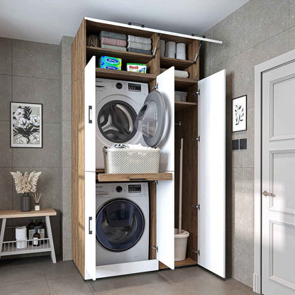 Dora - Armoire De Machine À Laver - Pour Sèche-Linge Et Machine À Laver - En 4 Couleurs - Avec Portes Et Panneau Coulissant - Blanc - Chêne