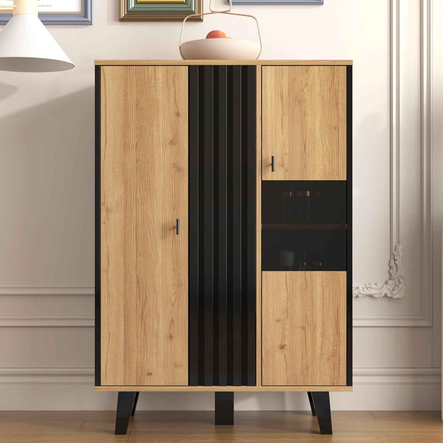 Buffet Noir Et Bois Avec 4 Grandes Étagères, Vitrine Avec Verre Et Lumières LED, Armoire Multifonction Pour Salon, Chambre, Couloir Et Salle À Manger (A)
