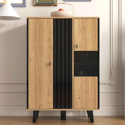 Buffet Noir Et Bois Avec 4 Grandes Étagères, Vitrine Avec Verre Et Lumières LED, Armoire Multifonction Pour Salon, Chambre, Couloir Et Salle À Manger (A)