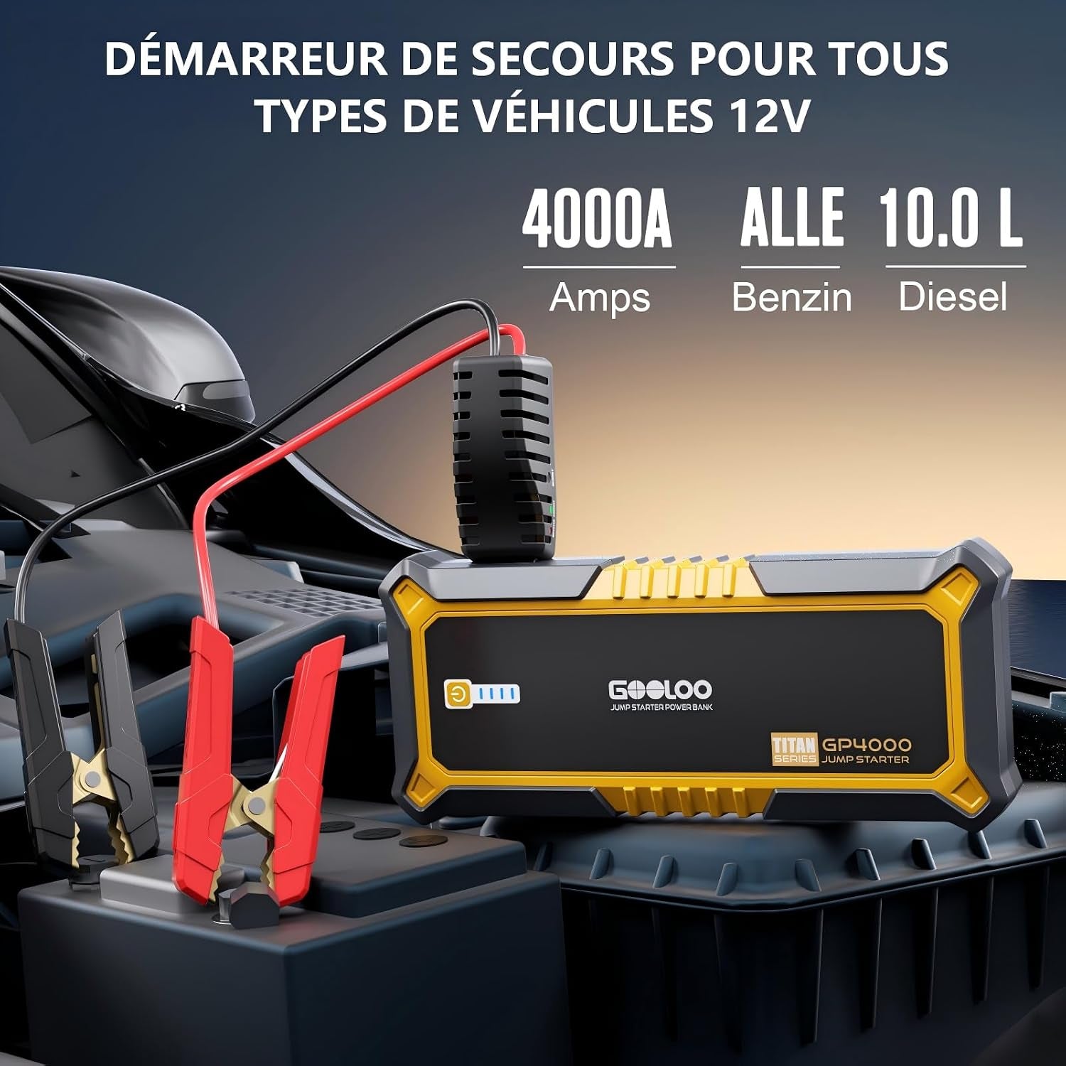 GP4000 Booster Batterie 4000A,12V Jump Starter | Démarreur Voiture Portable, Tous Essences 10L Diesel, Pinces Intelligentes Supersafe, Lampe LED, Charge Rapide QC3.0