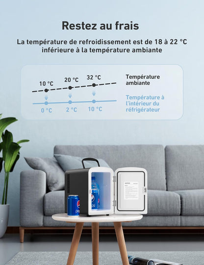 Mini Frigo De Chambre, Mini Réfrigérateur Voiture Portatif 4L 12V/220V, Glacière Électrique Chaud/Froid 0-66°C, Cadeau Femme Homme Garantie 3 Ans (Black)