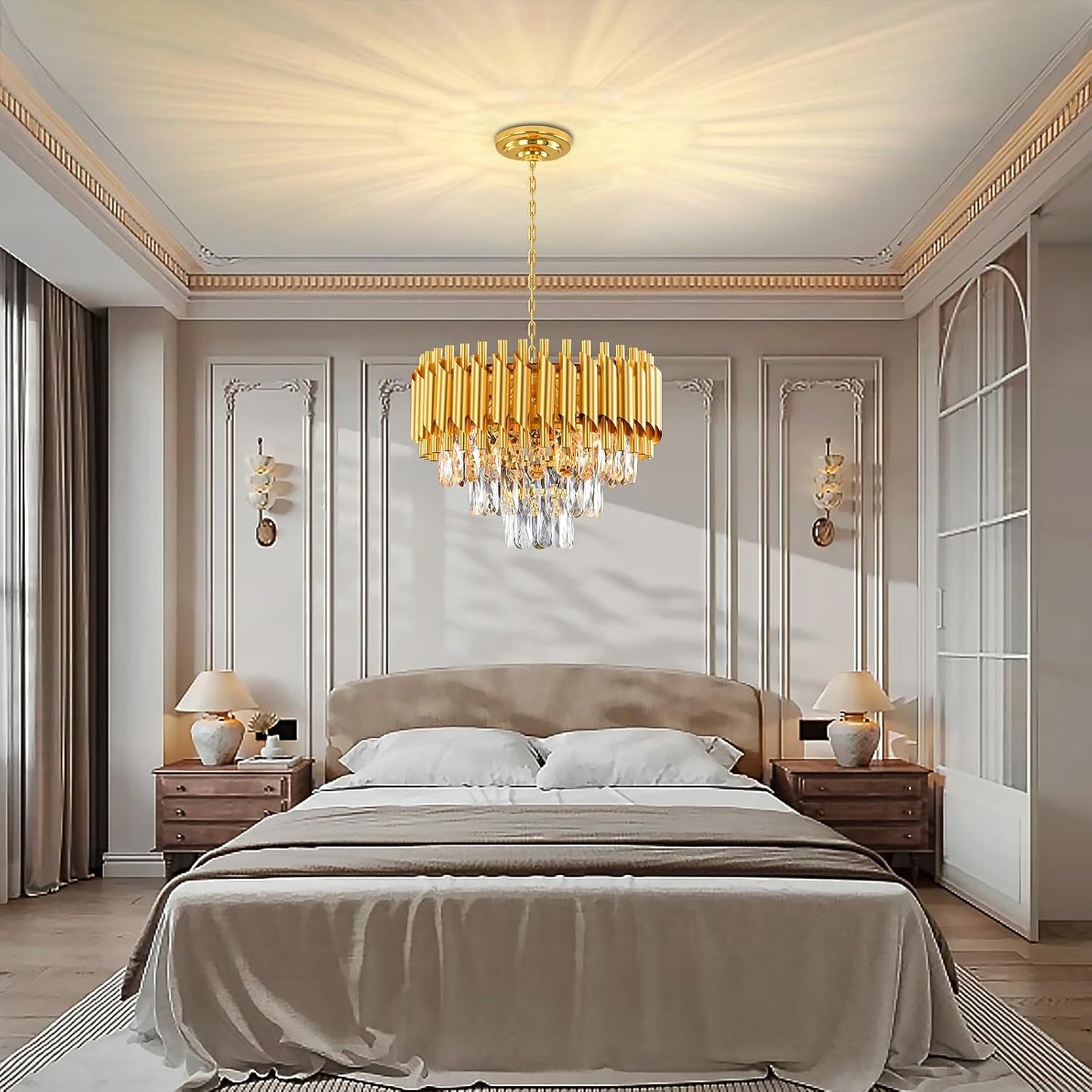 Lustre Golden Crystal Chandelier Lights, Modern Crystal Pendant Light, 3-Tier Raindrop Chandelier Light Fixture, 5Xe14 Lumières, Pour Le Salon, La Salle À Manger, La Chambre, Le Restaurant, Ø40 Cm