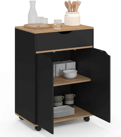 - Desserte De Cuisine Cosy Noir Et Bois | Avec Placard Et Tiroir, L. 60 Cm
