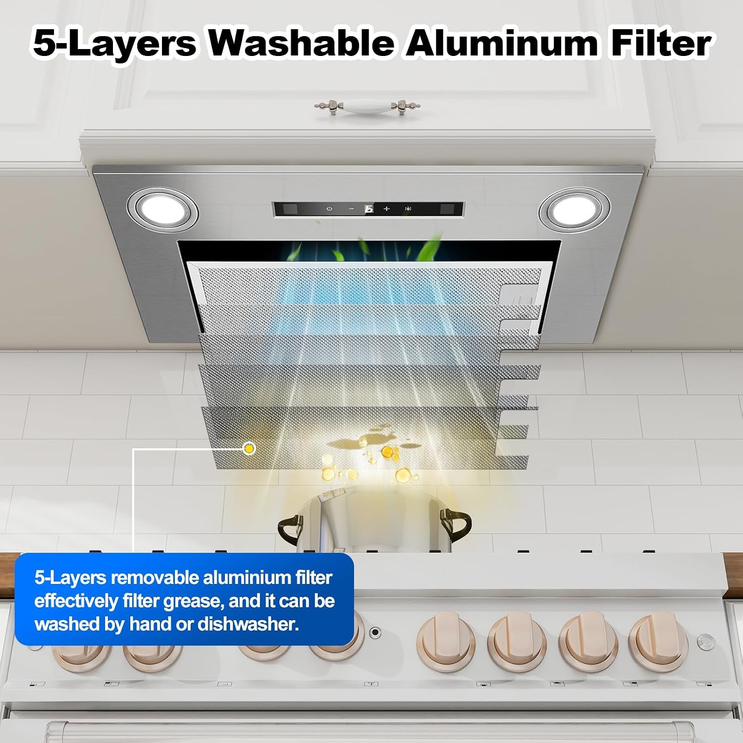 Hotte Aspirante 52Cm Encastrable, 400M³/H Hotte Cuisine, 3 Vitesses & Fonction Booster, Gestuelle, Tactile, Éclairage LED, Évacuation & Recyclage D'Air Avec Filtre À Charbon Et Conduit