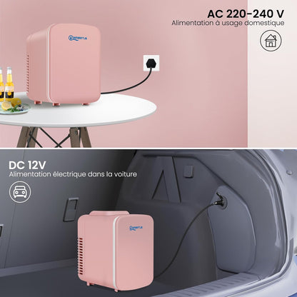 4L Mini Frigo, Petit Réfrigérateur Portable, Réfrigérateur Cosmétique, Frigo Mignon, Fonction Froid/Chaud Pour Bureau, Chambre, Voiture, Voyage, 220V/12V, Rose, 24,5X18,5X27Cm