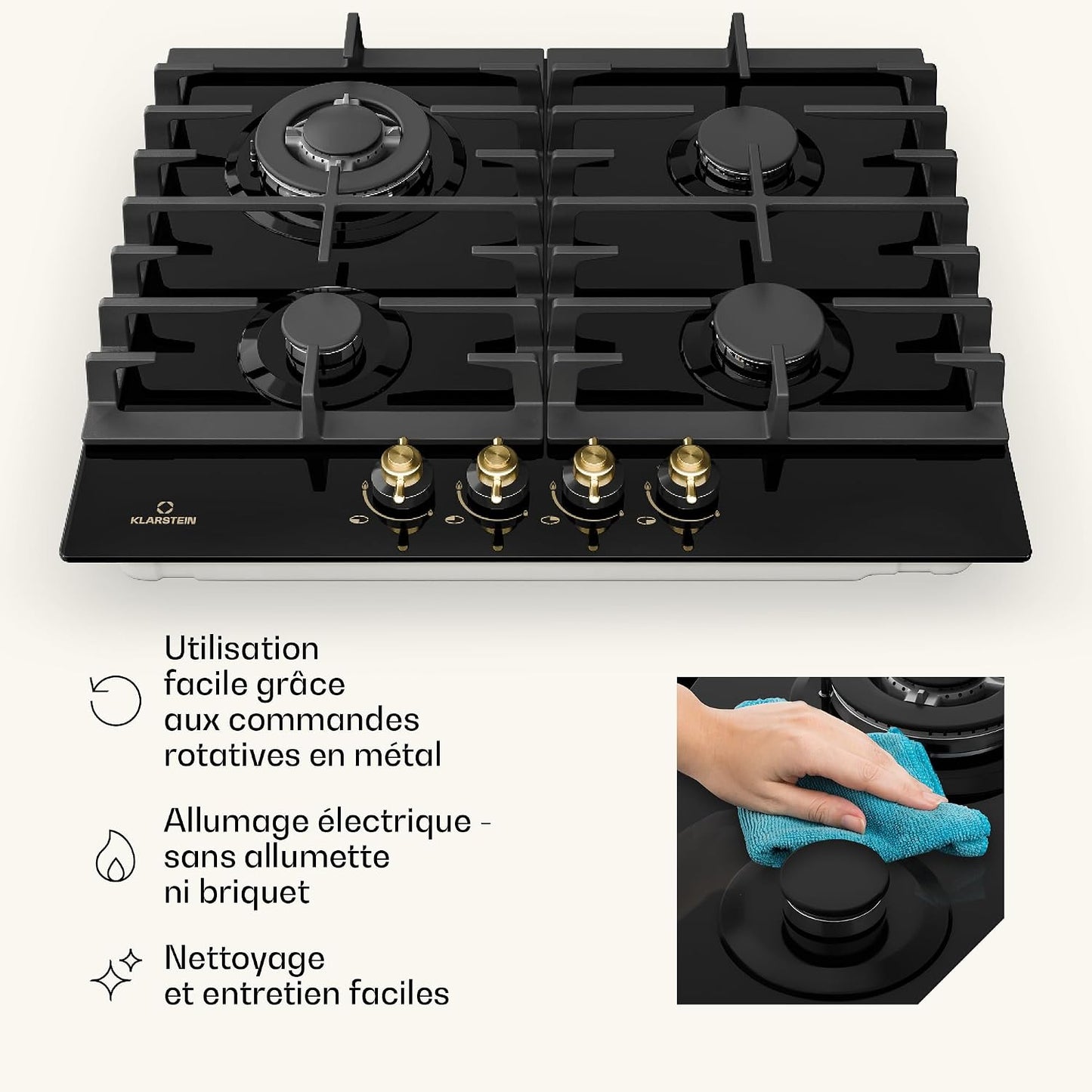 Klarstein Victoria - Table De Cuisson Gaz, Encastrable, Brûleur Sabaf, Gaz Naturel/Propane, Soupapes De Sécurité, Arrêt Automatique, Supports En Fonte, Verre Céramique Look Rétro, 4 Brûleurs, Noir