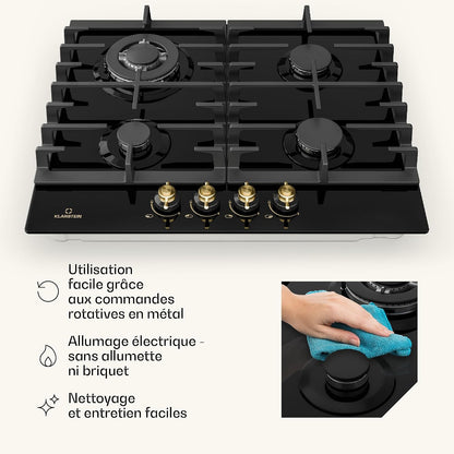 Klarstein Victoria - Table De Cuisson Gaz, Encastrable, Brûleur Sabaf, Gaz Naturel/Propane, Soupapes De Sécurité, Arrêt Automatique, Supports En Fonte, Verre Céramique Look Rétro, 4 Brûleurs, Noir