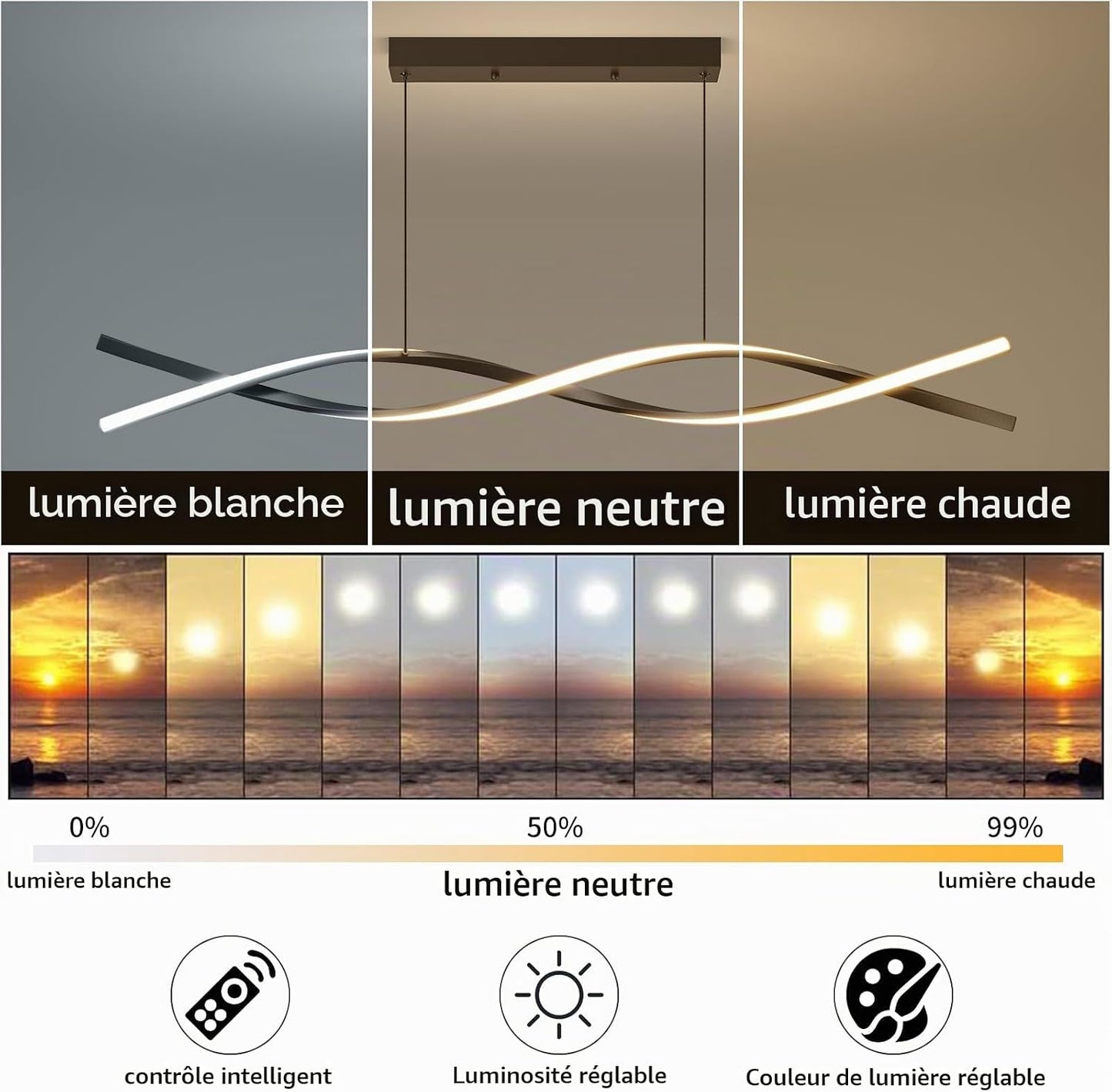 Lampe De Table De Salle À Manger Suspendue 100Cm, Lampe De Table De Salle À Manger Noire Avec Télécommande, Luminosité Réglable De 1% À 100% Et 3 Couleurs De Lumière Chandelier De Cuisine