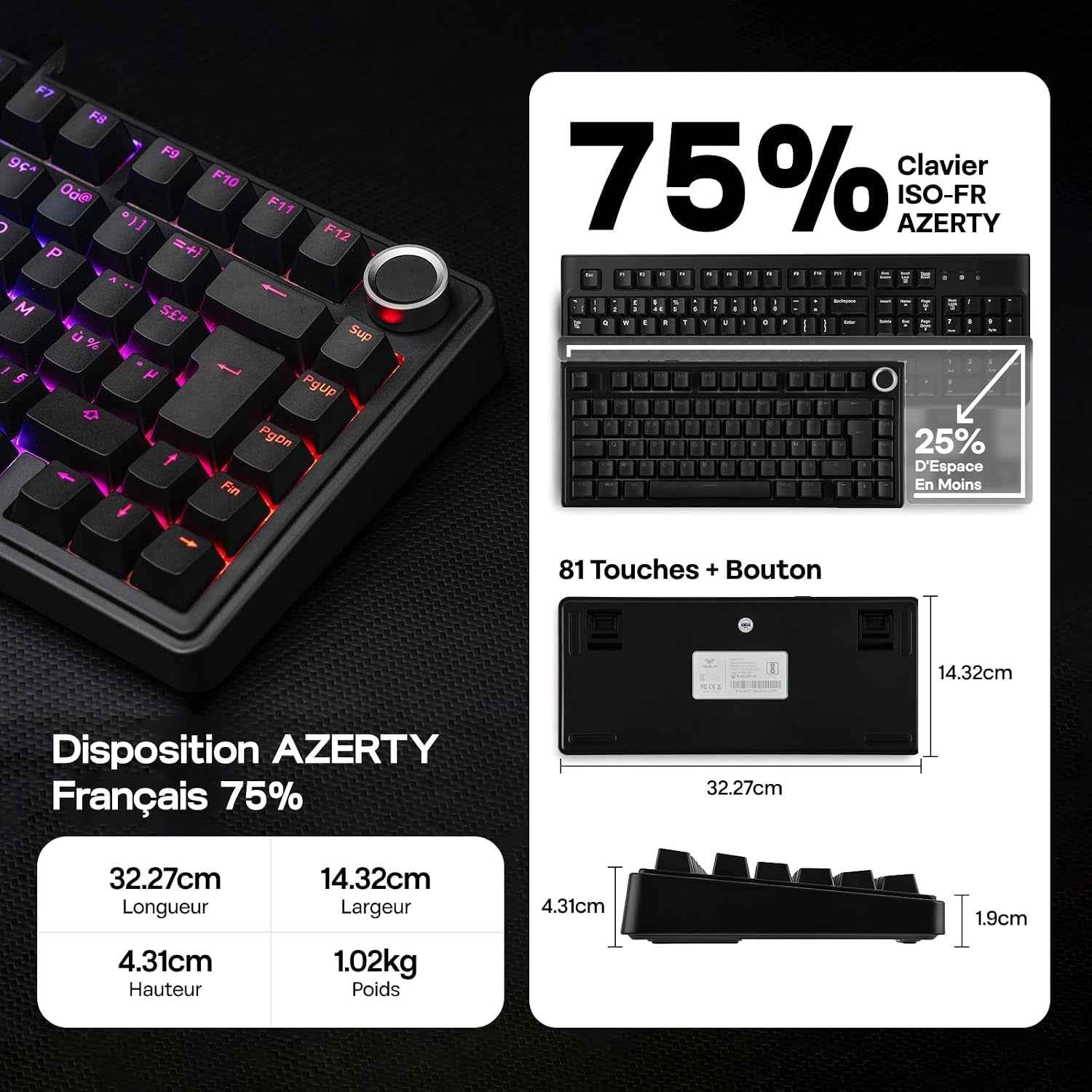 Aula F75 ISO-FR Clavier Mécanique Sans Fil AZERTY 75% | Clavier Gaming Français Avec Bouton Rotatif, RVB, Hot-Swap, Montage Gasket, Son Crémeux, Bt/2.4Ghz/Filaire