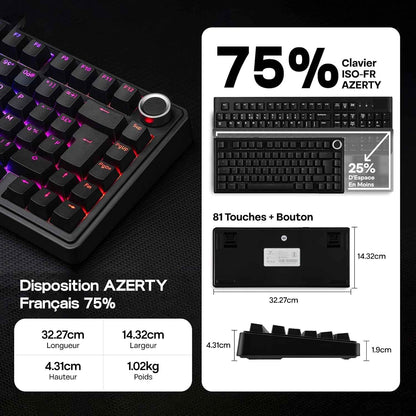 Aula F75 ISO-FR Clavier Mécanique Sans Fil AZERTY 75% | Clavier Gaming Français Avec Bouton Rotatif, RVB, Hot-Swap, Montage Gasket, Son Crémeux, Bt/2.4Ghz/Filaire