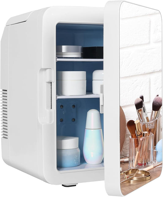 YOURLITE Mini Frigo De Chambre 2 En 1 10 Litres Avec Miroir, Refroidissement Et Chauffage Mini Réfrigérateur Portable AC/DC Convient Pour Conserver Les Aliments, Adapté Pour Chambre À Coucher, Bureau