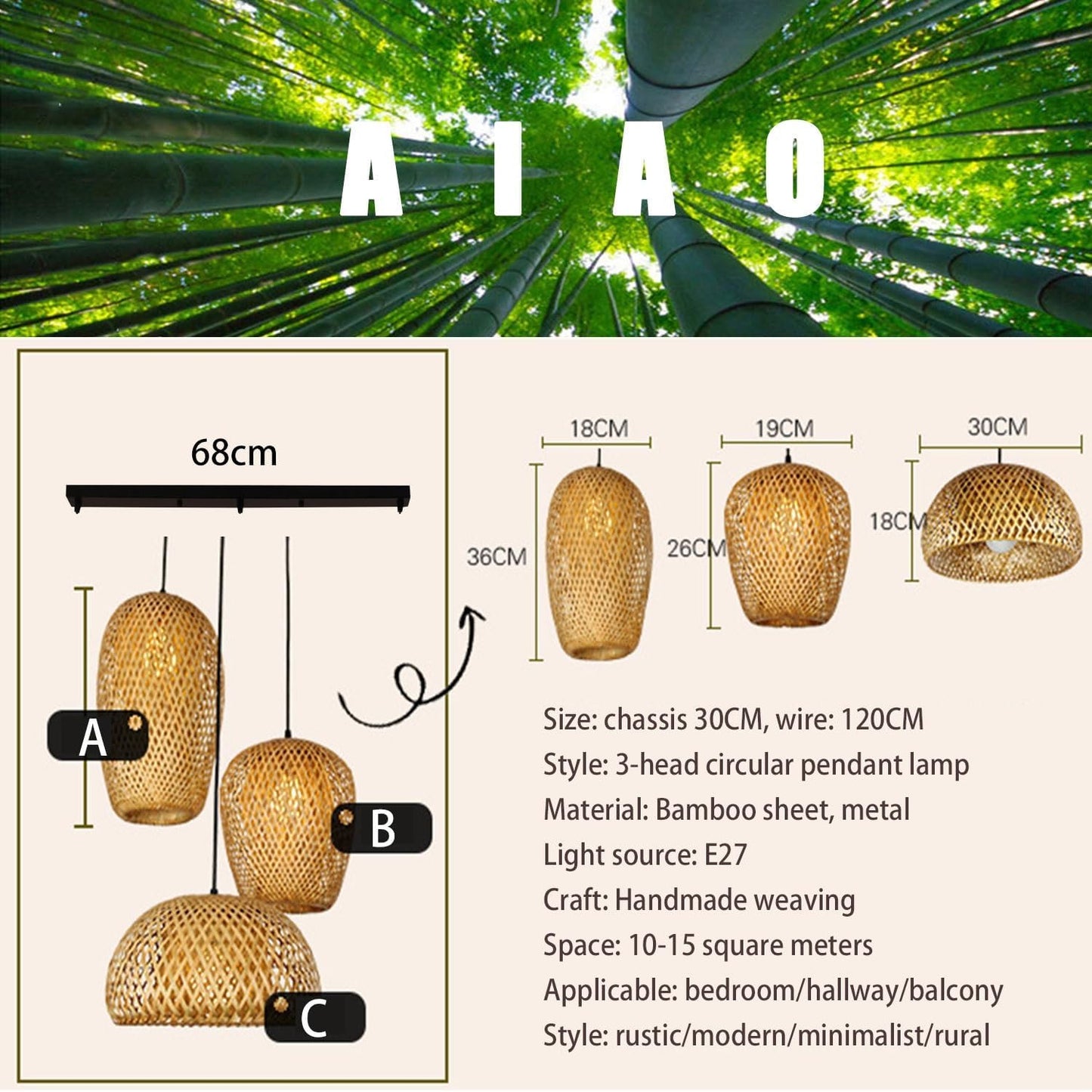 Bambou Naturel Tissé Suspension Rétro Lustre E27 Suspendue Hauteur Adjustable 3 Flammes Pendentif Luminaire Vintage Japonais Maison Intérieur Éclairage Bar Cuisine Restaurant Salle Lampe Plafond