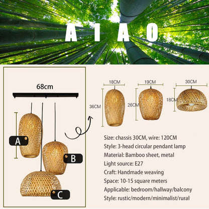 Bambou Naturel Tissé Suspension Rétro Lustre E27 Suspendue Hauteur Adjustable 3 Flammes Pendentif Luminaire Vintage Japonais Maison Intérieur Éclairage Bar Cuisine Restaurant Salle Lampe Plafond