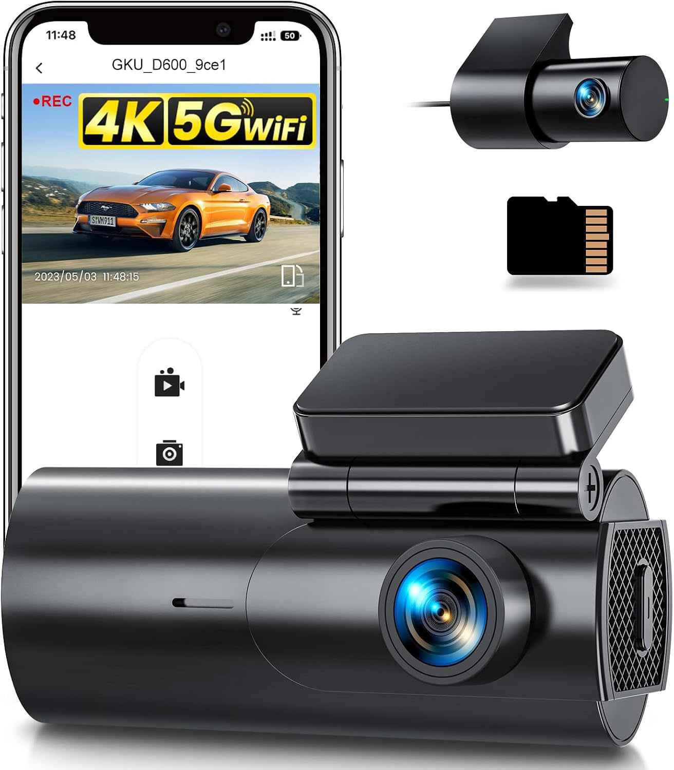 4K Dashcam Voiture Avant Arrière, 5Ghz Wifi Caméra Embarquée Voiture | Avec Carte SD 64G, Camera Voiture Grand Angle 170°, Vision Nocturne, Wdr,G-Capteur,Stationnement 24H,Enregistrement En Boucle