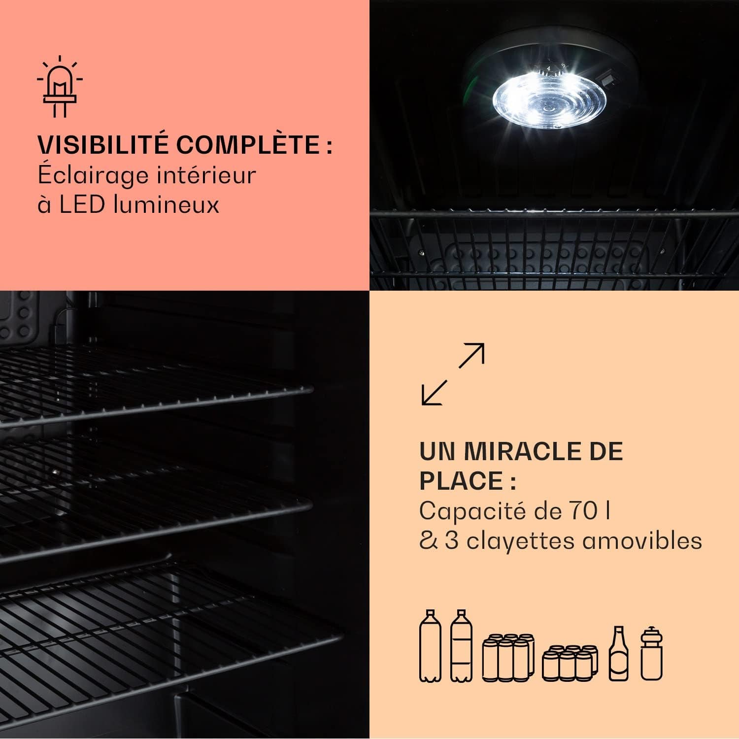 Mini Frigo De Chambre De 70L Pour Boissons Et Bieres, Petit Frigo Silencieux, Mini Bar Intérieur/Ext, Petit Refrigérateur Camping, Stockage De Vins Et Boisssons, Étagères Amovibles, 0-10°C
