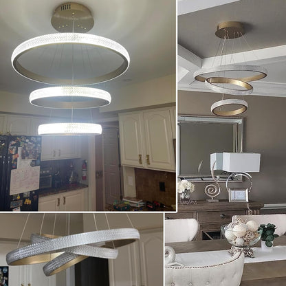 Lustre Moderne En Cristal Pour Salle À Manger, Appareil D'Éclairage Doré, 3 Anneaux, Lustre LED Pour Éclairage D'Îlot De Cuisine, Intensité Variable Avec Télécommande, Suspension De Plafond Moderne En