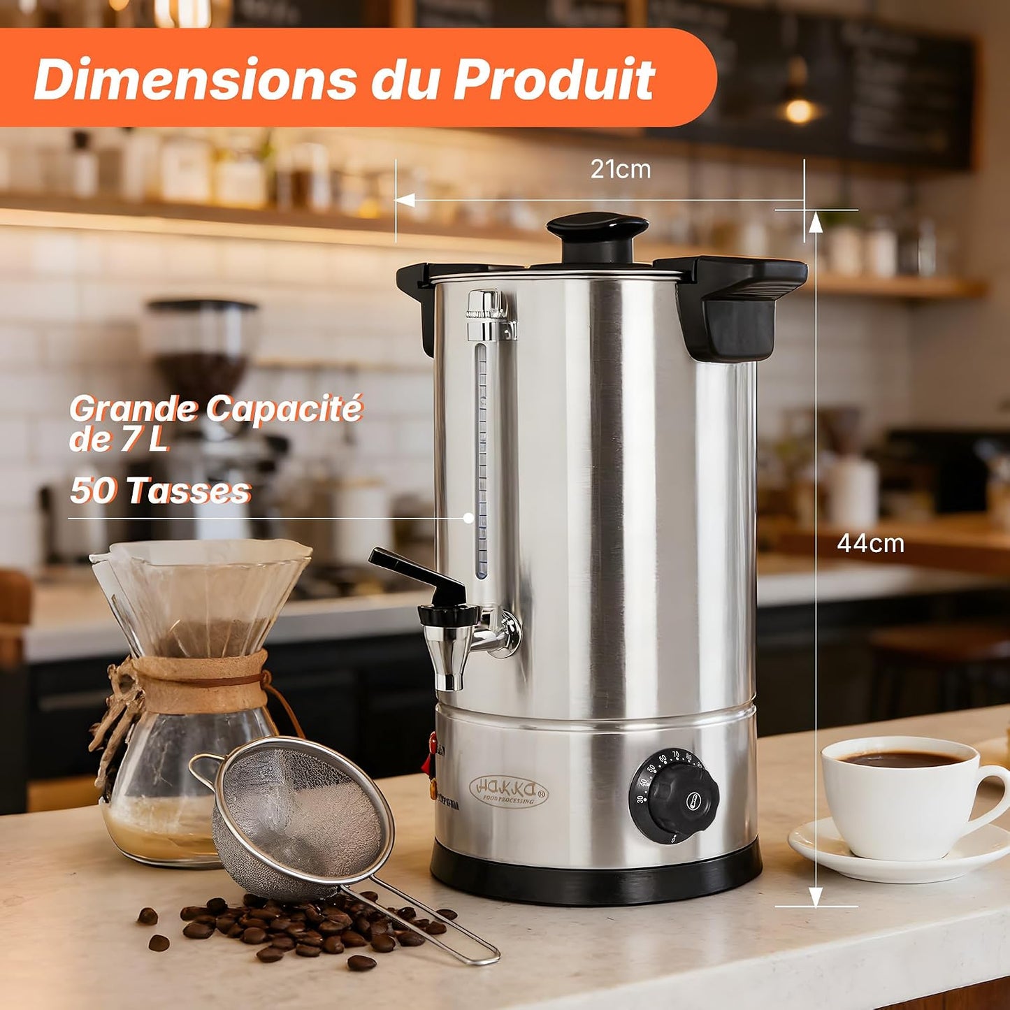 Hakka Percolateur À Café 7L/50 Tasses, Professionnelle Percolateur En Acier Inoxydable, Grand Distributeur De Café, Commercial Percolateurs Électrique Avec Indicateur De Niveau D'Eau (Max: 5,7L)