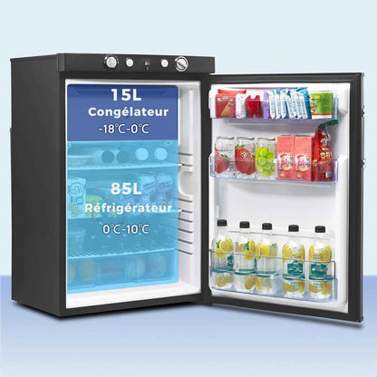 Frigo Trimixte 12V 220V Gaz, 100L, Frigo Camping Gaz, Réfrigérateur Gaz Avec Congélateur, Pour Camping Car, Caravane, Cabanon, Chalet, Noir