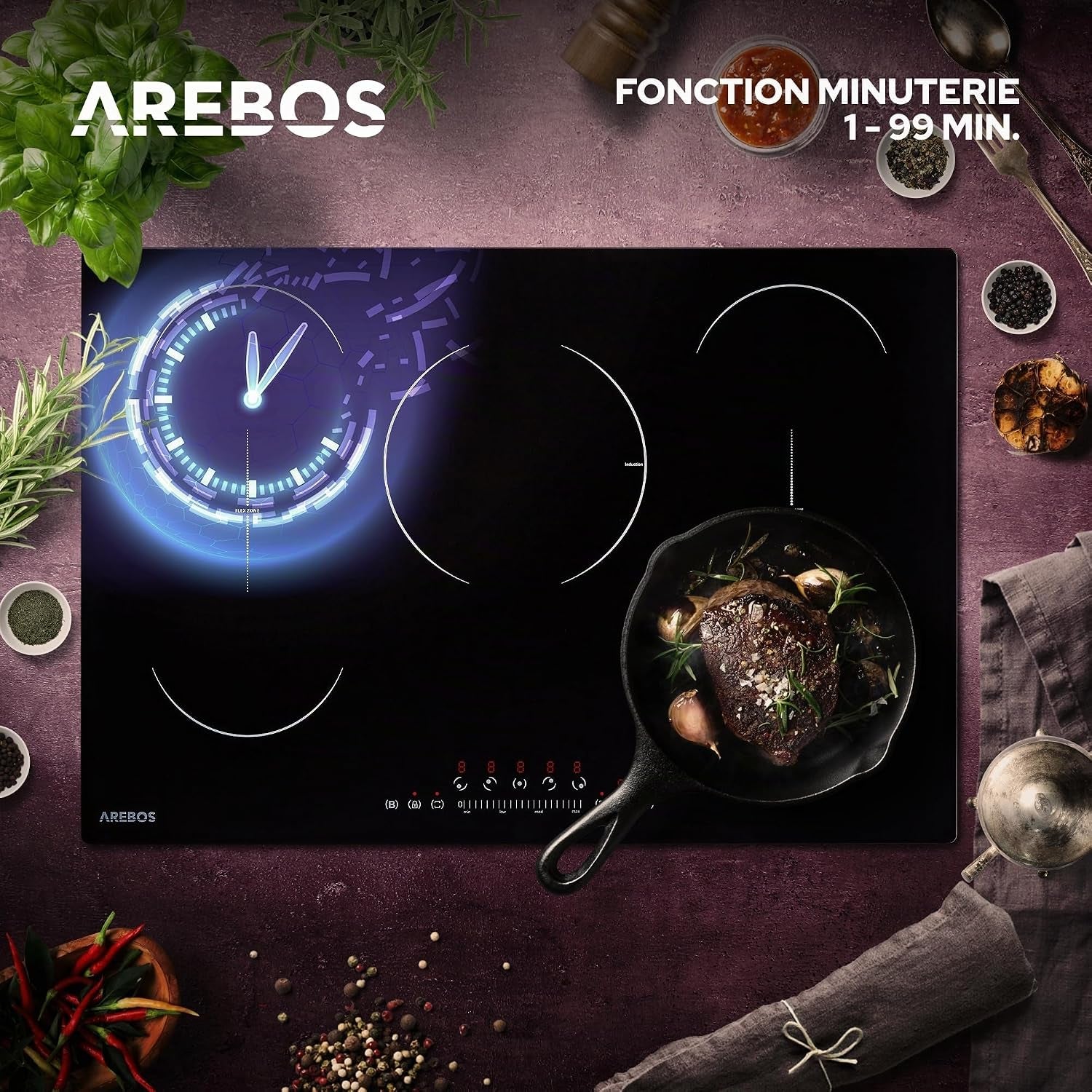 Table De Cuisson À Induction | 9800 W | 5 Plans De Cuisson Avec 2 Zones Flexibles | Avec Sensor Touch, Minuterie, Sécurité Enfants, Protection Contre La Surchauffe, Arrêt Automatique