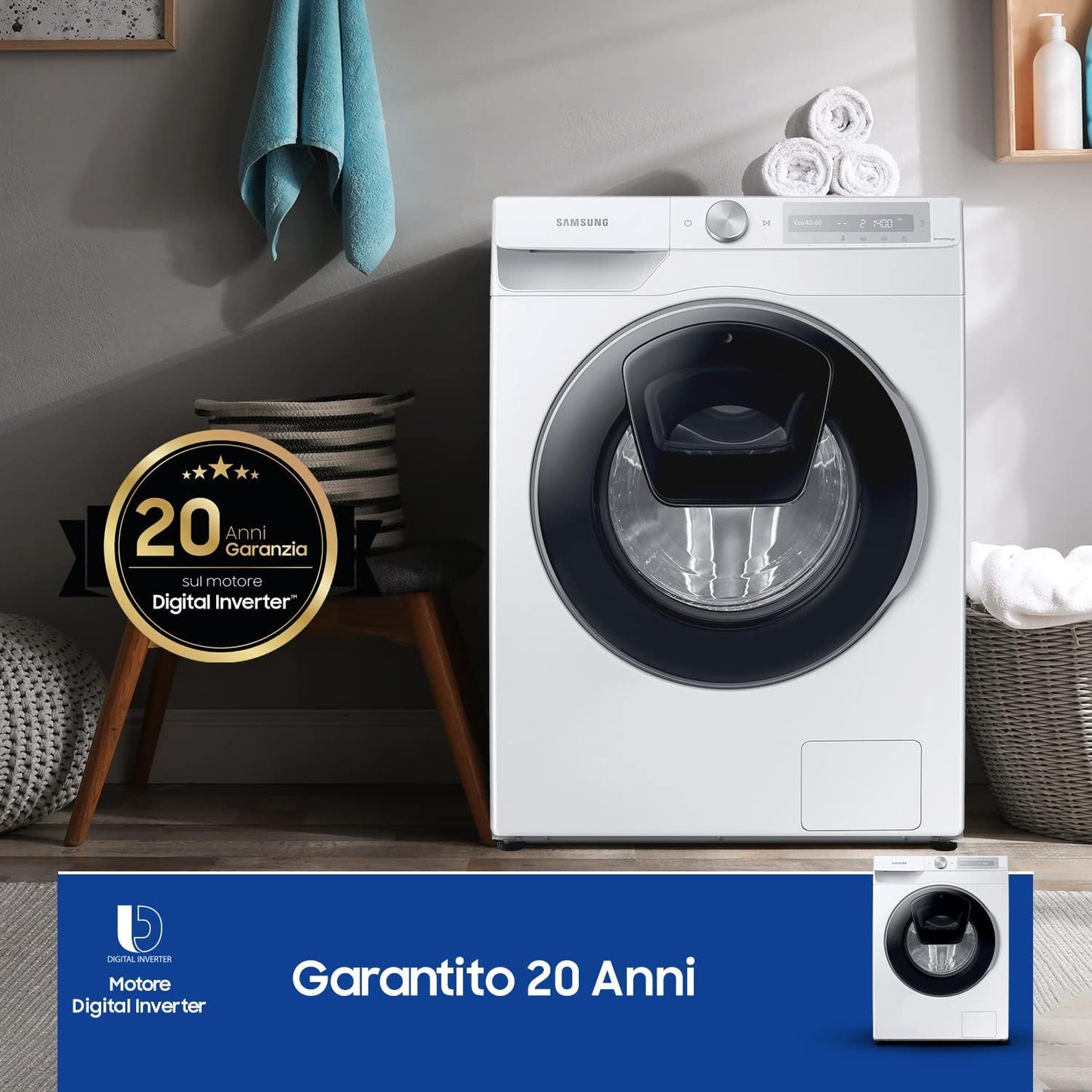 Ai Control Addwash Lave-Linge Avec Échodoseur WW90T684DLH/S3, Libre Installation, 9 Kg, 1400 Tr/Min, Classe A, Wifi, Vapeur, 60 L X 85 H X 55P Cm, Blanc