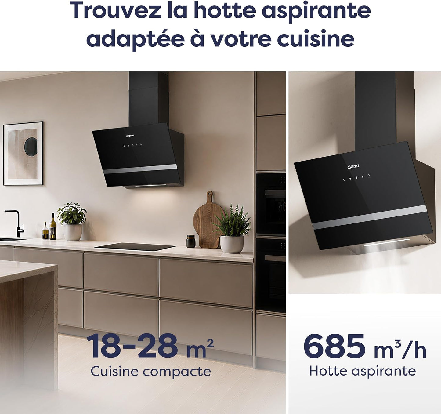 CBCB6736H Hotte Aspirante 60 Cm Classe A+++ - Hotte Inclinée 685M³/H | Filtre À Charbon CBCF003 Inclus - Recyclage & Évacuation - Wifi &Commande Tactile- 4 Vitesses Avec Boost - LED Dimmable -Noir