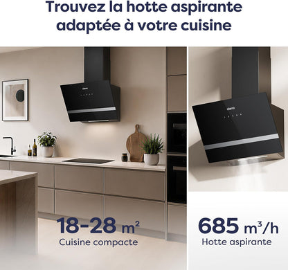 CBCB6736H Hotte Aspirante 60 Cm Classe A+++ - Hotte Inclinée 685M³/H | Filtre À Charbon CBCF003 Inclus - Recyclage & Évacuation - Wifi &Commande Tactile- 4 Vitesses Avec Boost - LED Dimmable -Noir