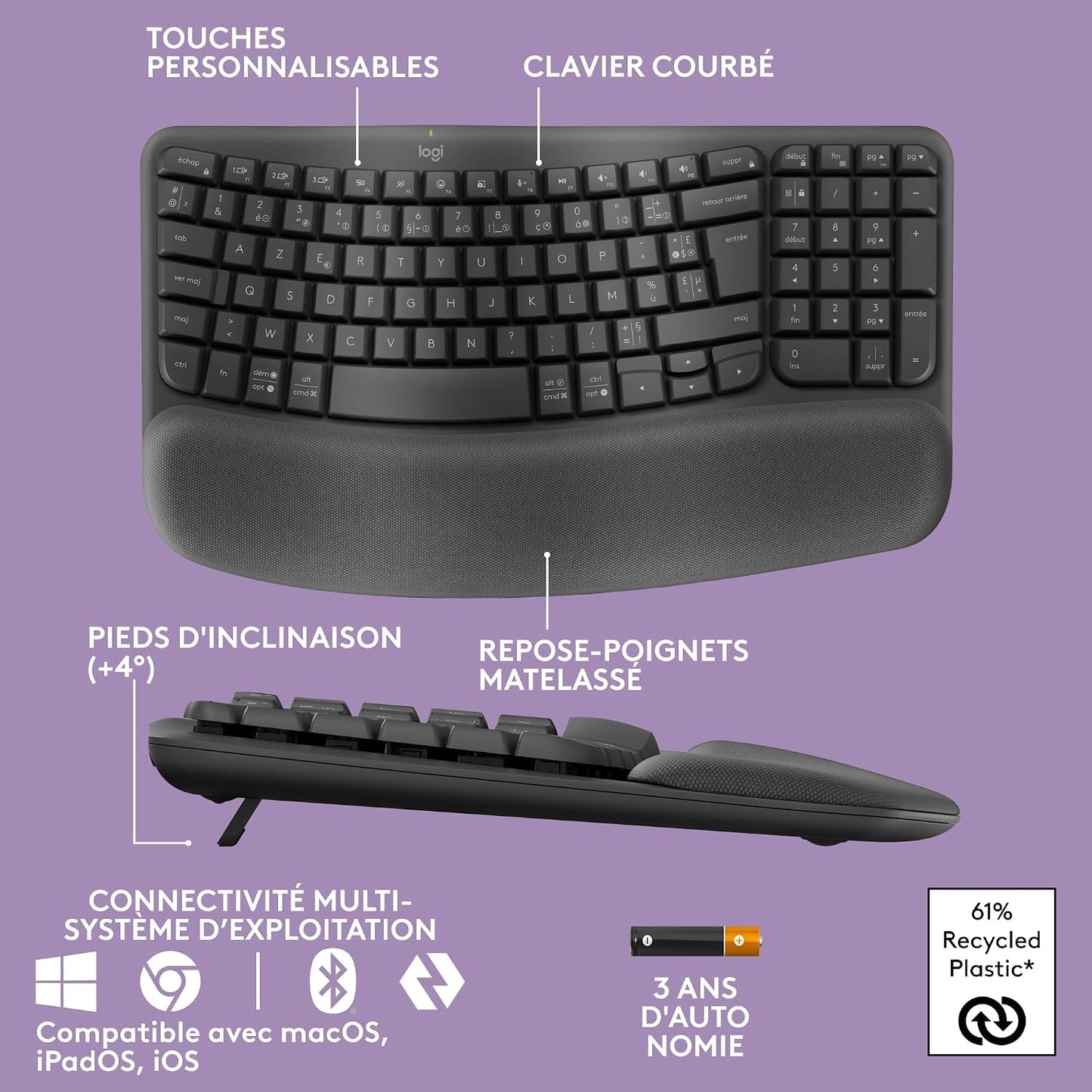 Wave Keys - Clavier Ergonomique Sans Fil (Graphite) | Repose-Poignets Rembourré, Frappe Naturelle, Easy-Switch, Bluetooth, Récepteur Logi Bolt, Multi-Se, Windows/Mac, AZERTY
