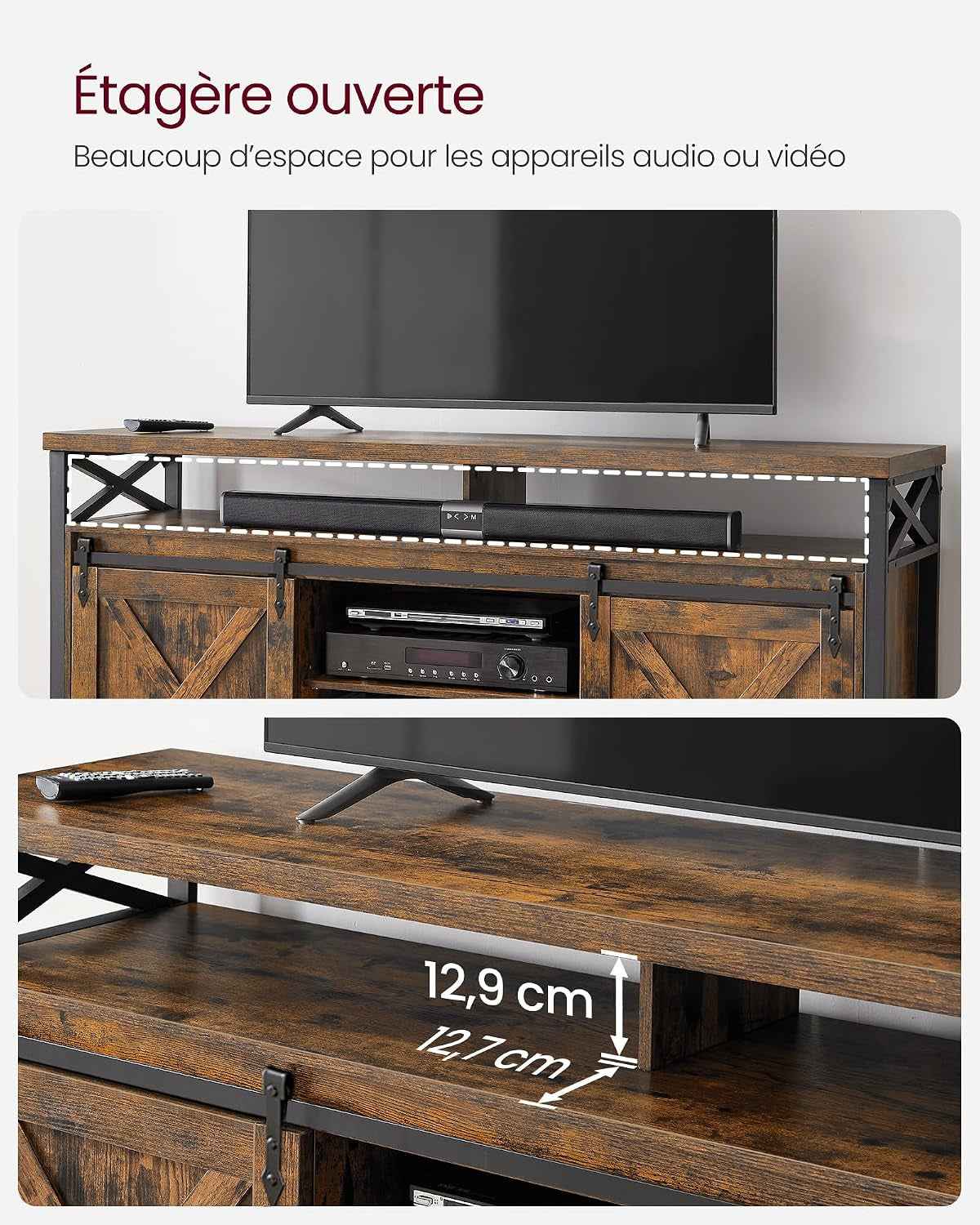 Meuble TV, Support Pour Téléviseur Jusqu’À 65 Pouces | Avec Étagères Réglables, Portes Imitation Grange, Cadre En Métal, Marron Rustique Et Noir Mat LTV071B01V1