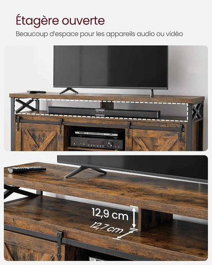 Meuble TV, Support Pour Téléviseur Jusqu’À 65 Pouces | Avec Étagères Réglables, Portes Imitation Grange, Cadre En Métal, Marron Rustique Et Noir Mat LTV071B01V1