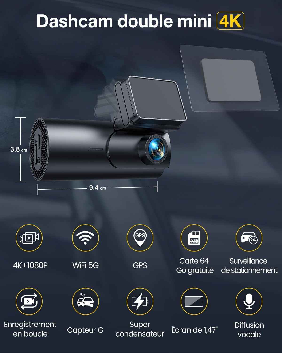 4K Dashcam Voiture Avant Arrière,5G Wifi GPS,2160P+1080P Camera Voiture | 1.5'' IPS Caméra Embarquée Voiture Avec Carte SD 64G,Grand Angle 170°,Vision Nocturne,Wdr,G-Capteur,Mode Stationnement 24H