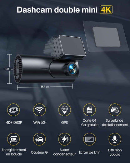 4K Dashcam Voiture Avant Arrière,5G Wifi GPS,2160P+1080P Camera Voiture | 1.5'' IPS Caméra Embarquée Voiture Avec Carte SD 64G,Grand Angle 170°,Vision Nocturne,Wdr,G-Capteur,Mode Stationnement 24H