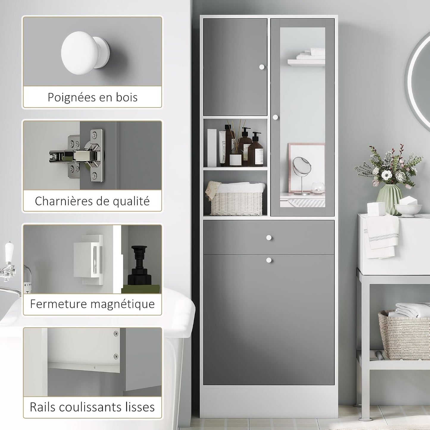 Meuble De Salle De Bain Haut Avec Coffre a Linge Et Miroir | Meuble De Rangement, Placards À Portes, 2 Compartiments Ouverts, Tiroir, Étagère Réglable, 62 X 28,3 X 181 Cm, Gris Et Blanc