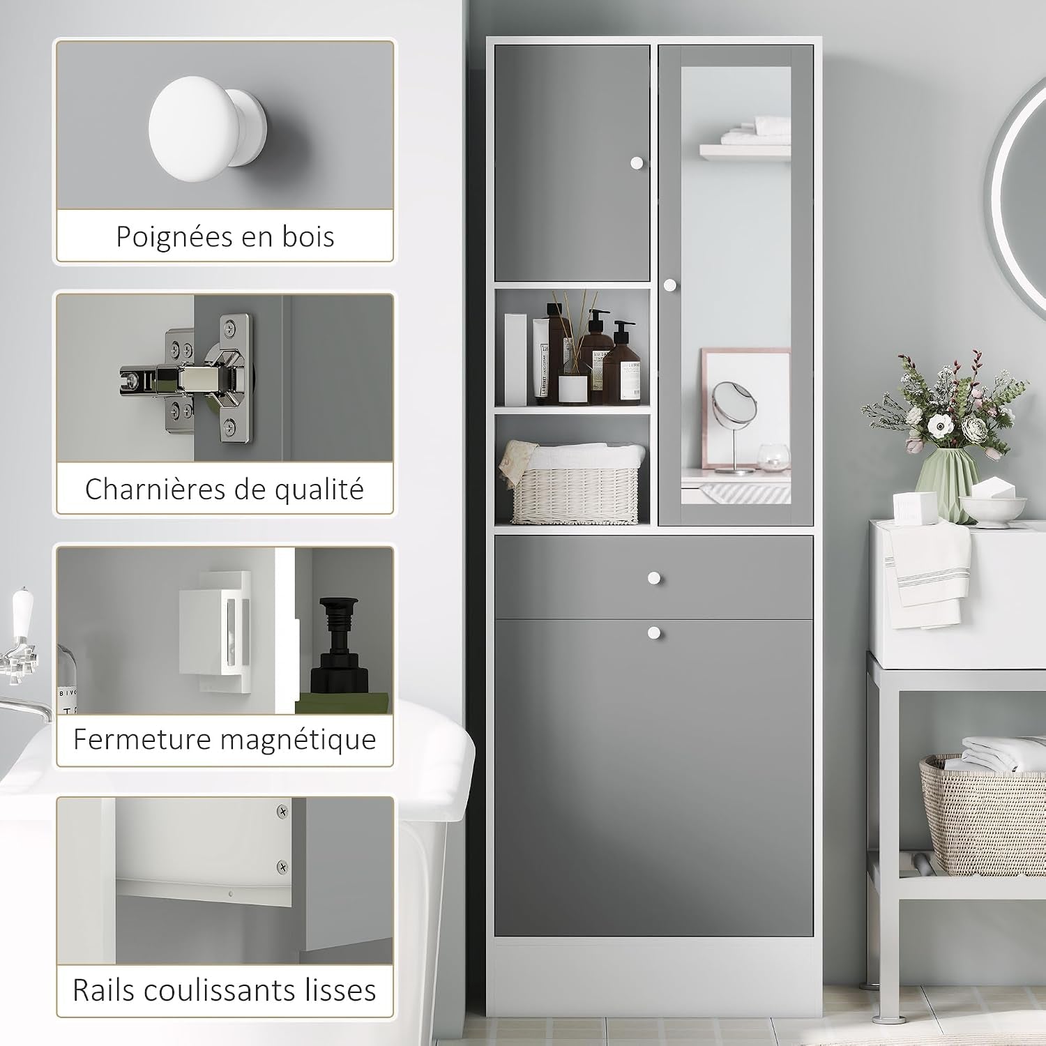 Meuble De Salle De Bain Haut Avec Coffre a Linge Et Miroir | Meuble De Rangement, Placards À Portes, 2 Compartiments Ouverts, Tiroir, Étagère Réglable, 62 X 28,3 X 181 Cm, Gris Et Blanc