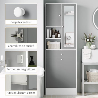 Meuble De Salle De Bain Haut Avec Coffre a Linge Et Miroir | Meuble De Rangement, Placards À Portes, 2 Compartiments Ouverts, Tiroir, Étagère Réglable, 62 X 28,3 X 181 Cm, Gris Et Blanc